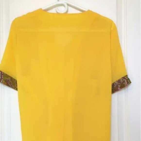 VINTAGE 70's blouse button down top yellow paisley cuffs - Picture 2 of 5